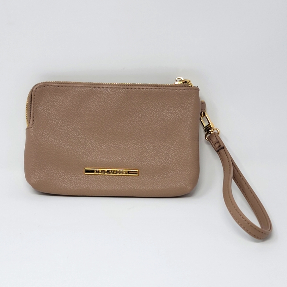 Steve Madden Wristlet Tan Wallet Clutch Double Sided Zip Top Detachable Strap